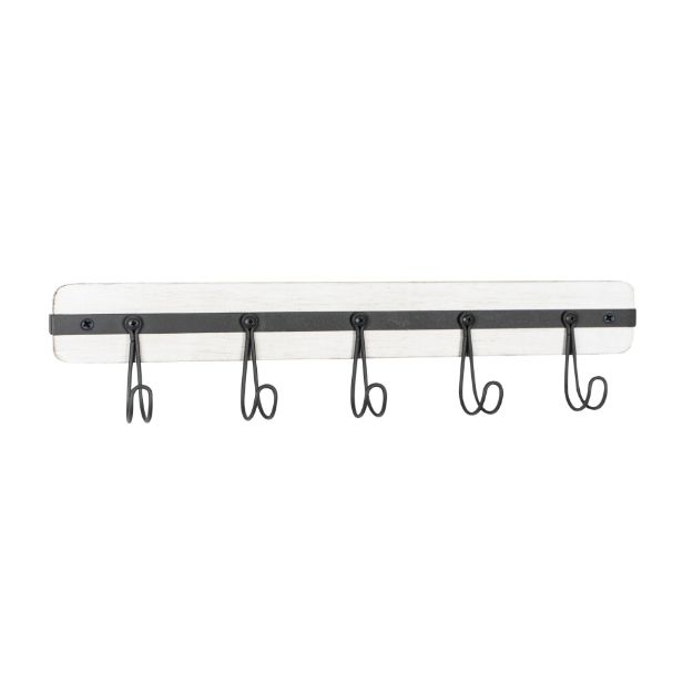 Picture of Rowan Wall Mount 5-Hook Wood Rack - Whitewashed with Industrial Gray Hooks